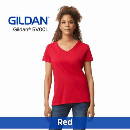 One Color Imprint Front & Back Gildan® 5V00L Ladies V-neck T-shirt, Multiple Colors Available