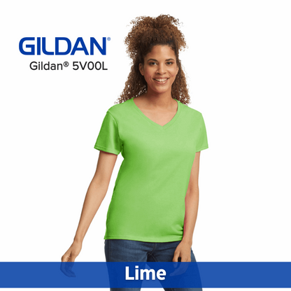 One Color Imprint Front & Back Gildan® 5V00L Ladies V-neck T-shirt, Multiple Colors Available